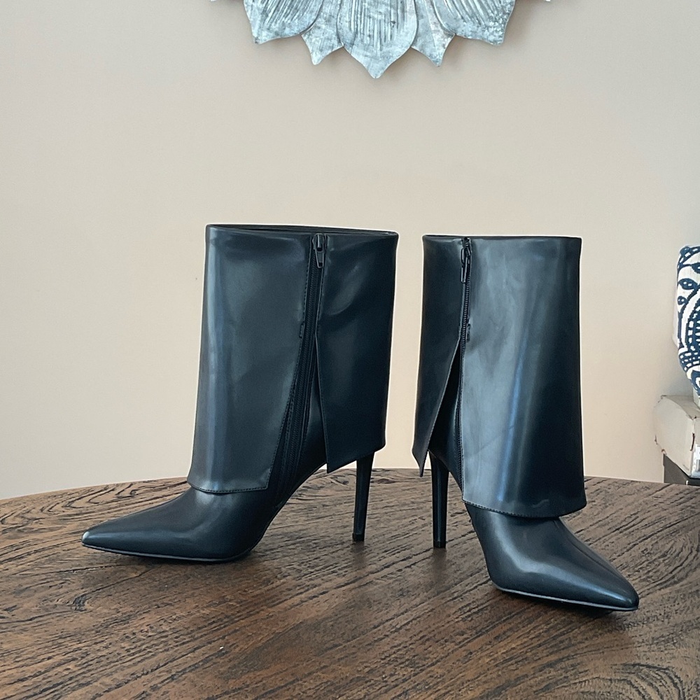 INC International Concepts Black Fold-Over Pointed Stiletto Ankle Boots